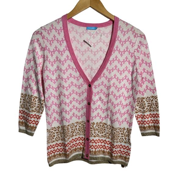 J. McLaughlin Cardigan Sweater Women XS Cotton Blend Pink Geometric Print NWOT - Picture 1 of 9